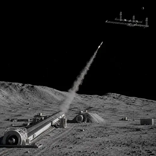 A payload launching from the lunar surface toward an orbital structure